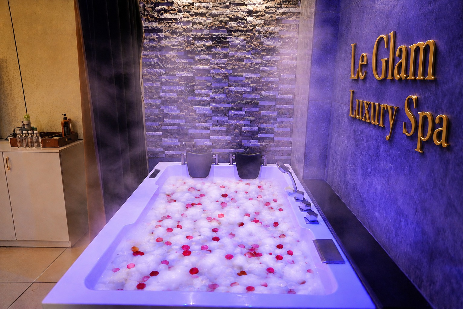Private jacuzzi filled with rose petals under warm lighting