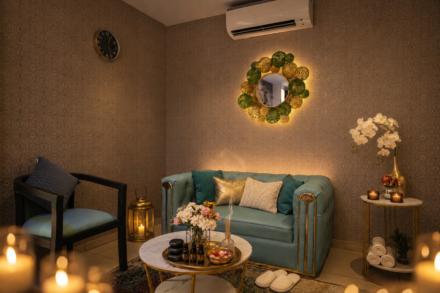 Spa lounge with mint green sofa, gold accents and fresh flowers