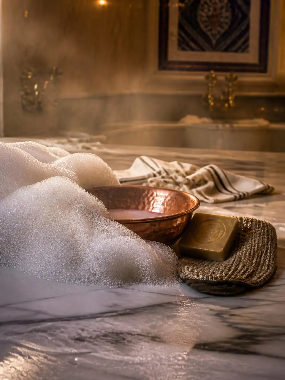 Foam lather, copper bowl, olive soap and kese mitt on warm marble