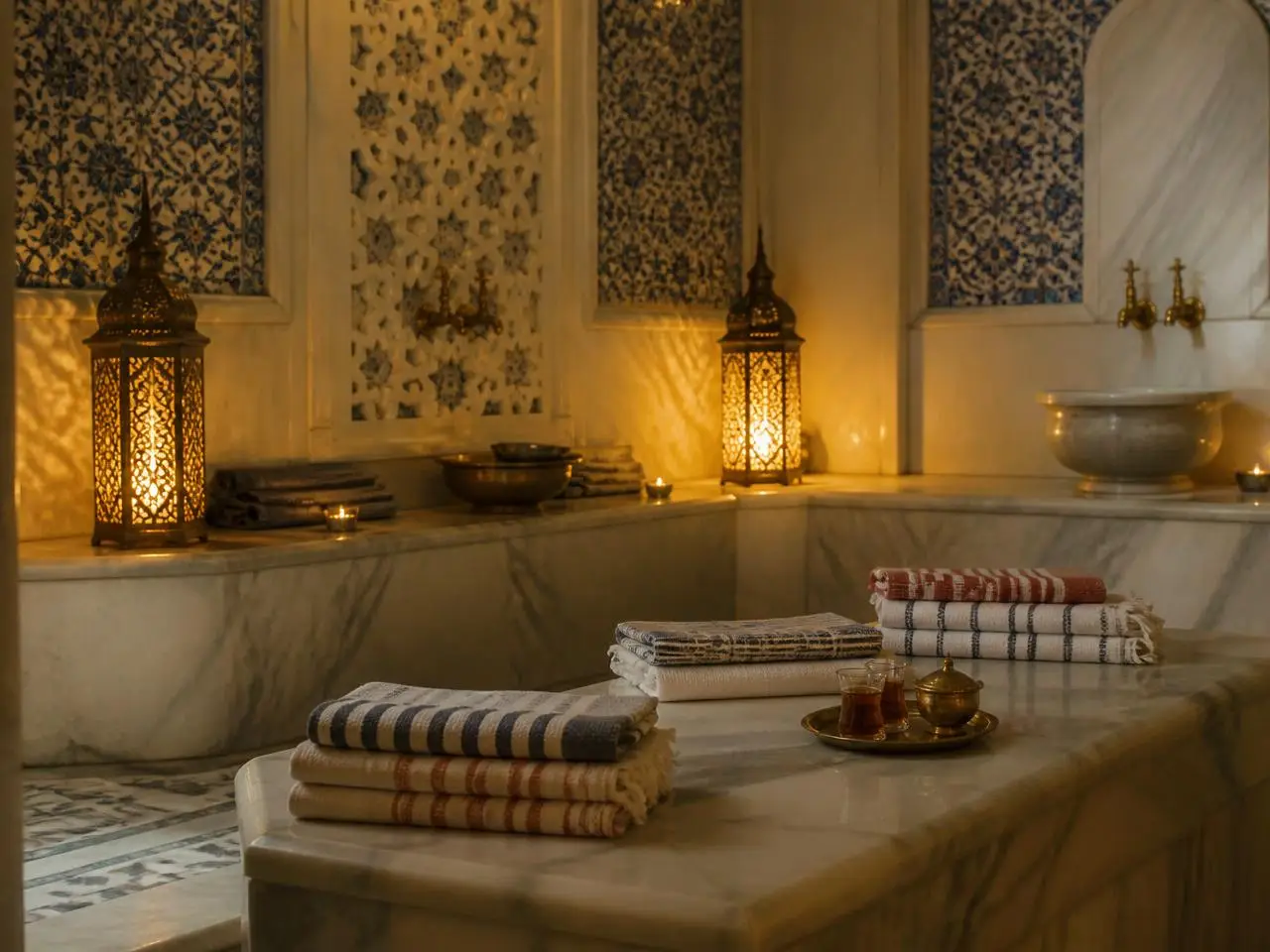 Hammam relaxation lounge with peshtemal towels, lanterns and Turkish tea