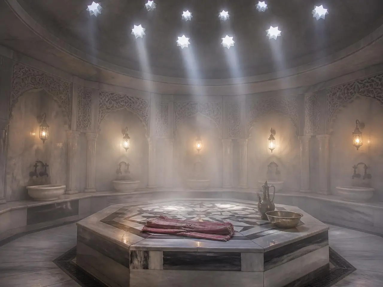 Marble hammam steam chamber with domed ceiling and heated navel stone