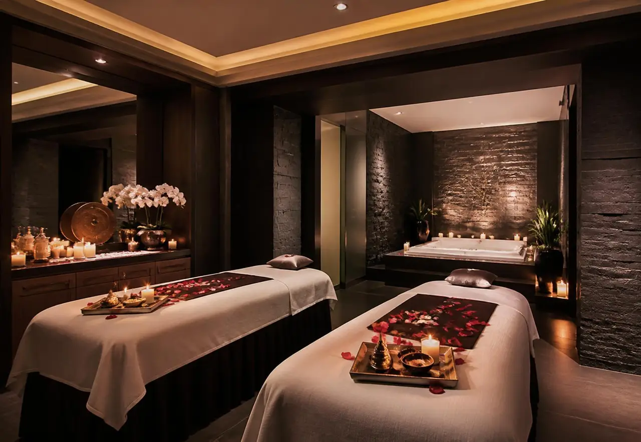 Private couple massage suite prepared with fresh linen at Le Glam Luxury Spa, Koramangala