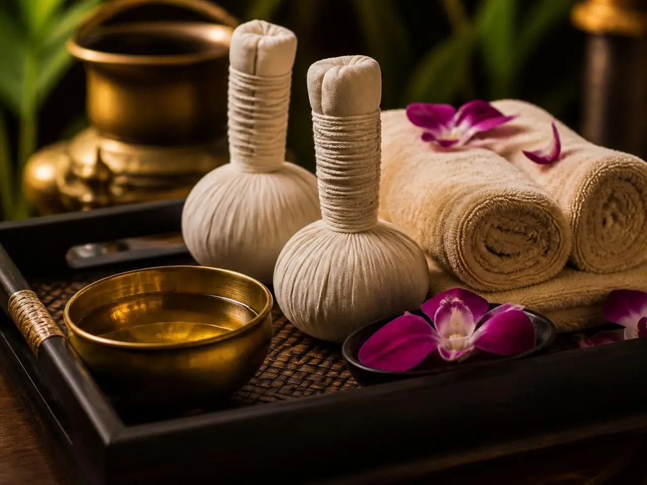 Herbal potli compresses, brass oil bowl and orchids on a teak tray